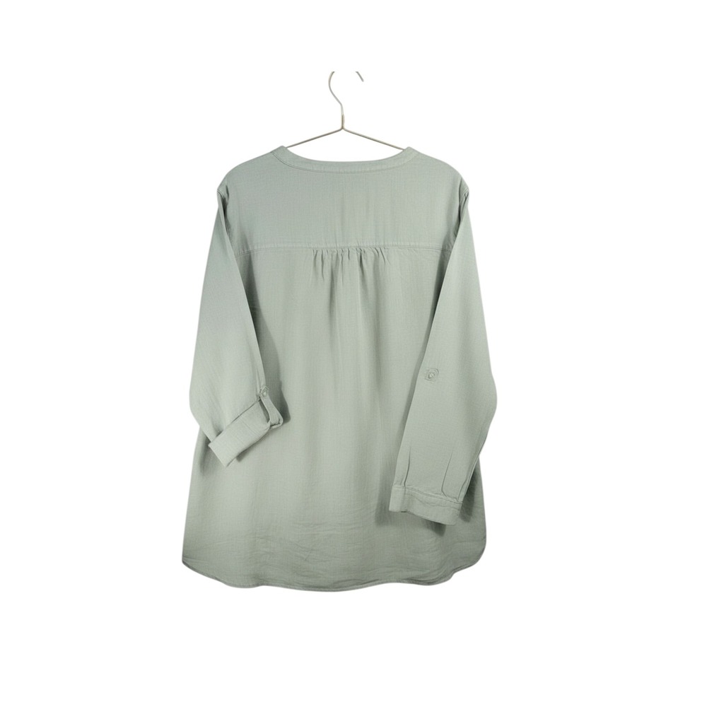 Sigrid Olsen Linen Band Collar Tunic Shirt Womens XL Sage Green Roll Tab Sleeve